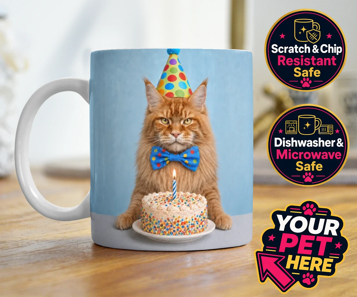 Personalised Birthday Boy cat photo mugs featuring meet our delightful Birthday Boy, the purr-fect addition to any cat lo