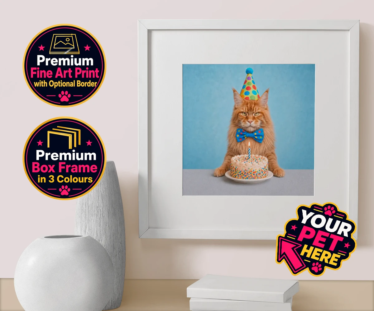 Personalised Birthday Boy cat box framed print featuring meet our delightful Birthday Boy, the purr-fect addition to any cat lo
