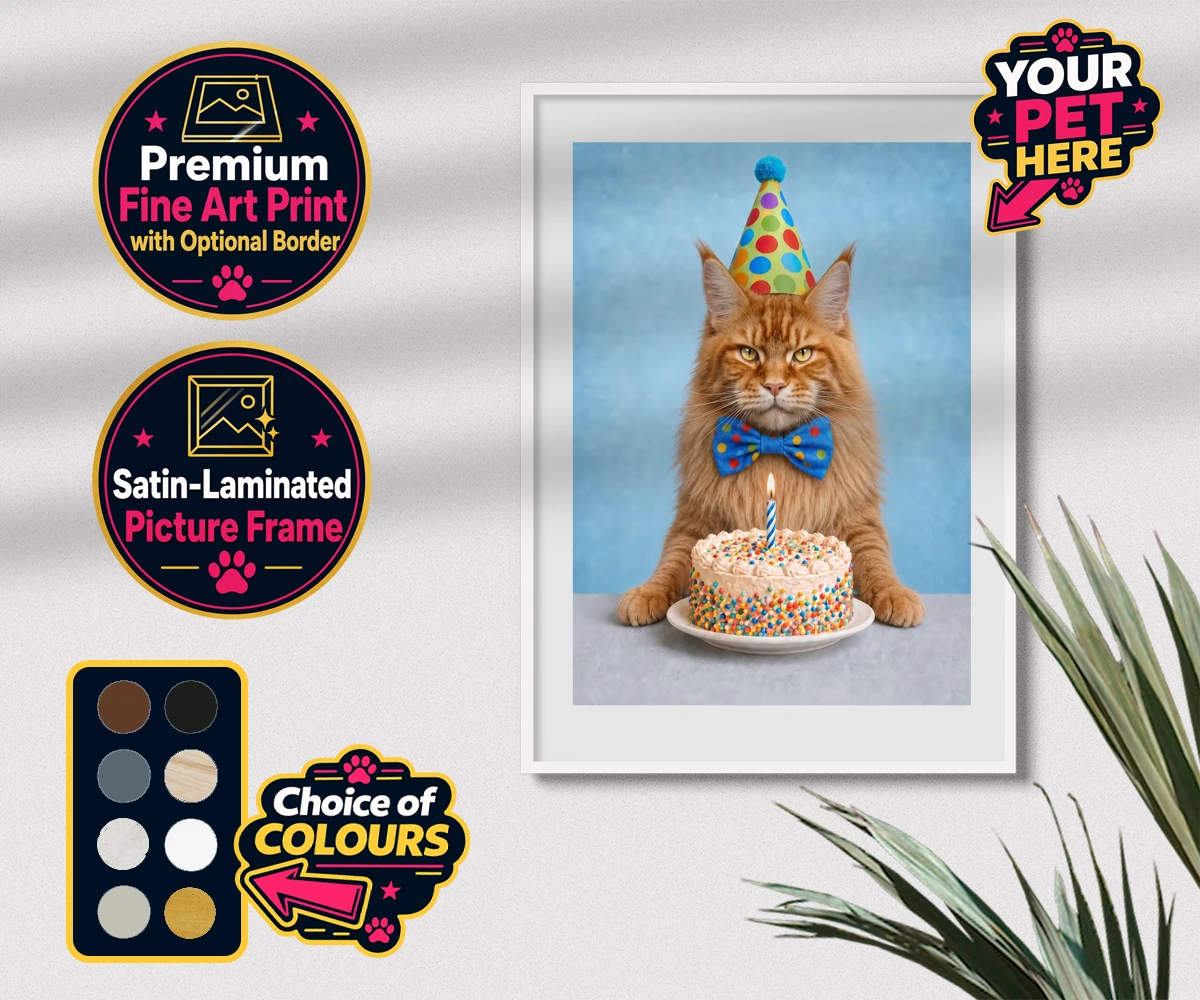 Personalised Birthday Boy cat premium framed print featuring meet our delightful Birthday Boy, the purr-fect addition to any cat lo