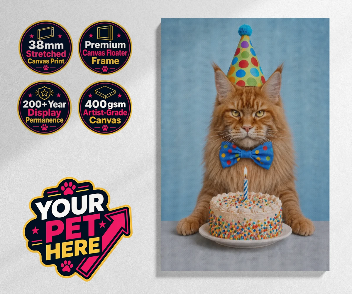 Personalised Birthday Boy cat stretched canvas print featuring meet our delightful Birthday Boy, the purr-fect addition to any cat lo