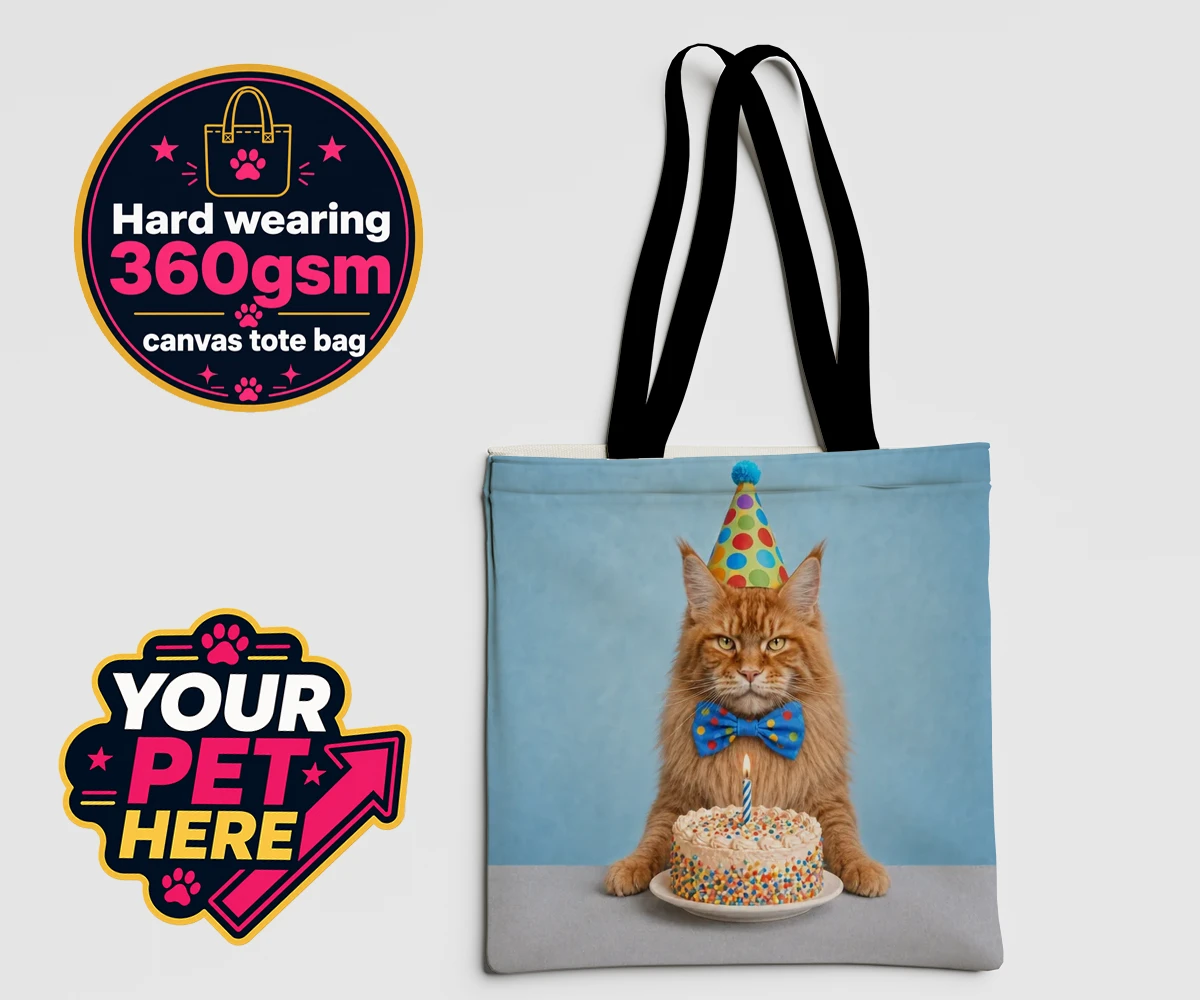 Personalised Birthday Boy cat tote bag featuring a playful cat in a party hat and bow tie with a cake