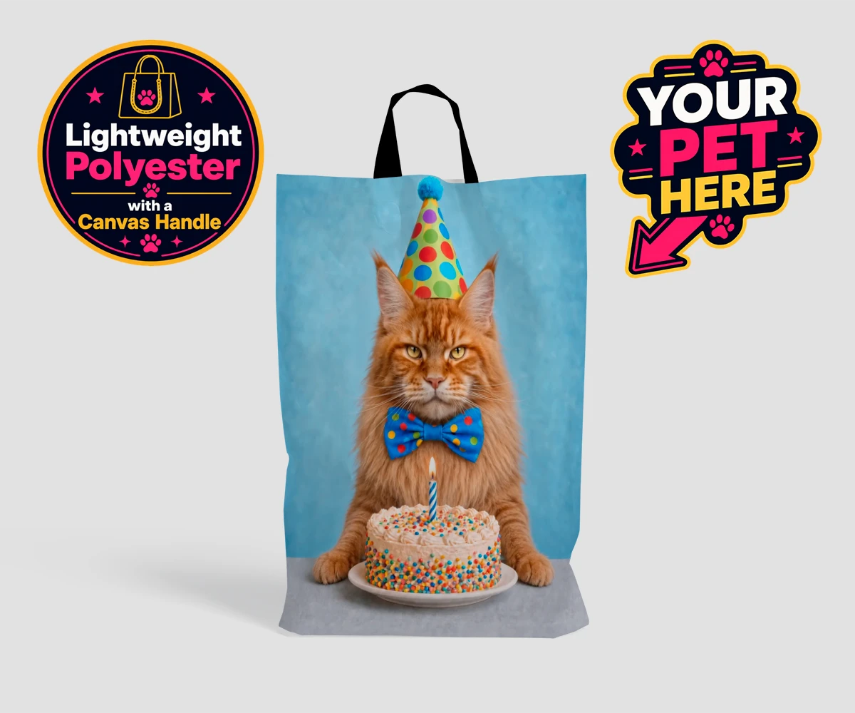 Personalised shopping bag featuring Birthday Boy cat in a polka-dot party hat and bow tie beside a cake with sprinkles.
