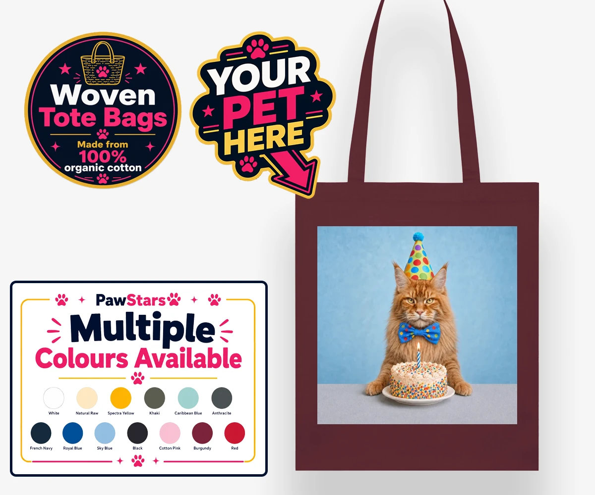 Personalised Birthday Boy cat woven tote bag featuring a cat in a polka-dot party hat next to a cake.