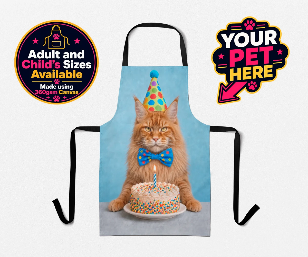 Personalised apron featuring Birthday Boy cat in a party hat and bow tie beside a birthday cake