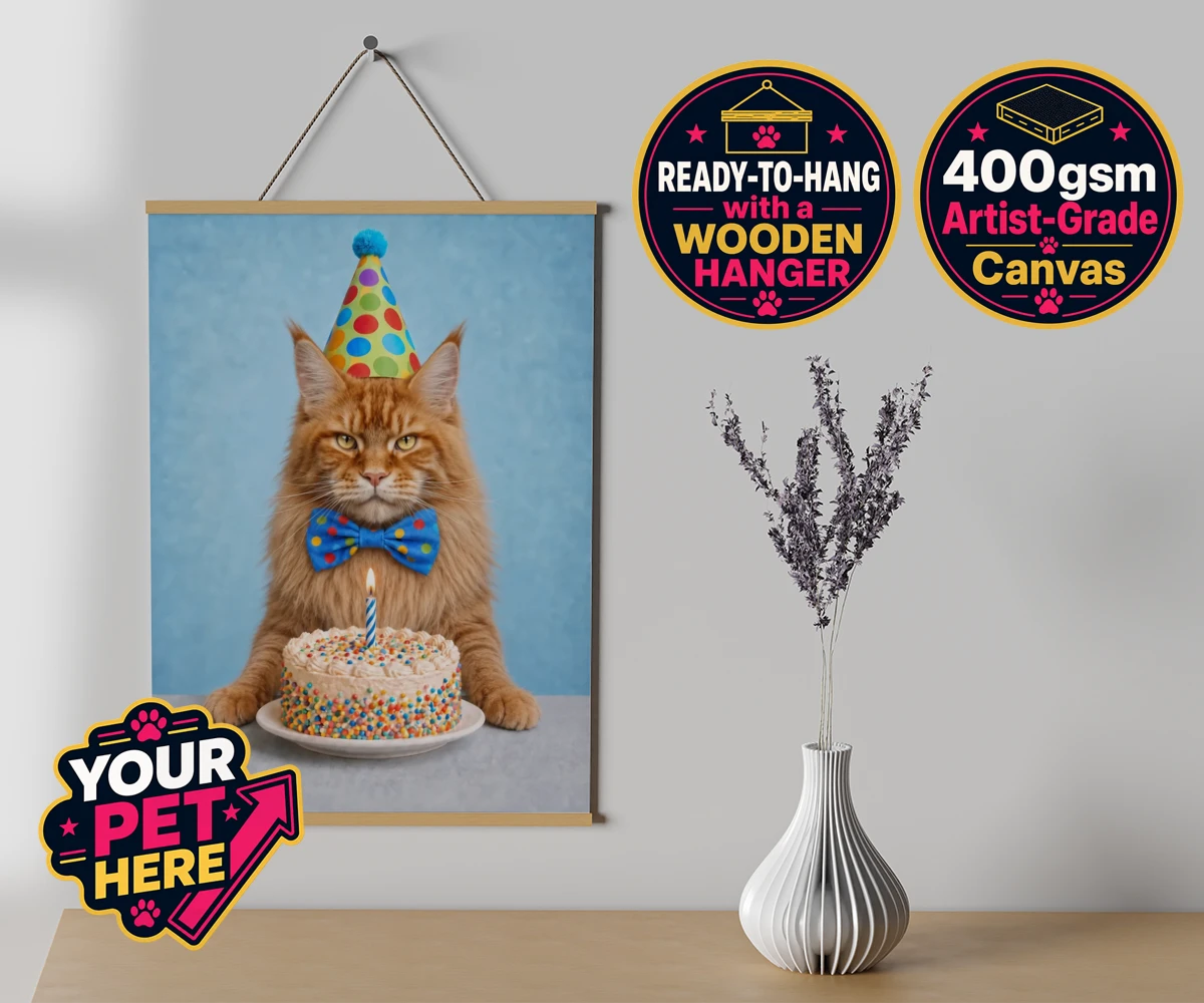 Personalised Birthday Boy cat canvas poster prints with hanger featuring meet our delightful Birthday Boy, the purr-fect addition to any cat lo