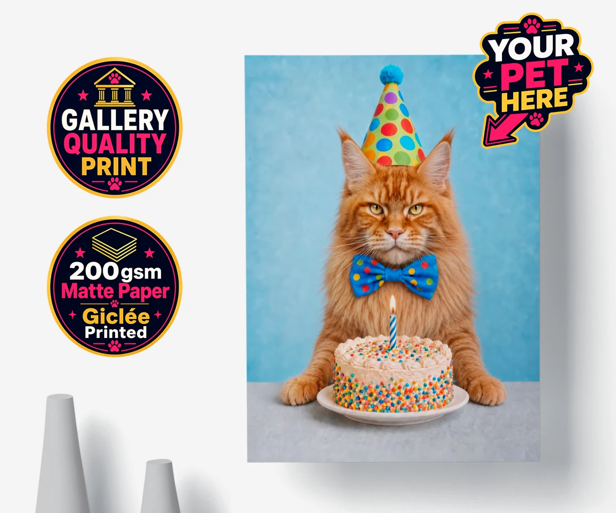 Personalised Birthday Boy cat premium poster print featuring meet our delightful Birthday Boy, the purr-fect addition to any cat lo