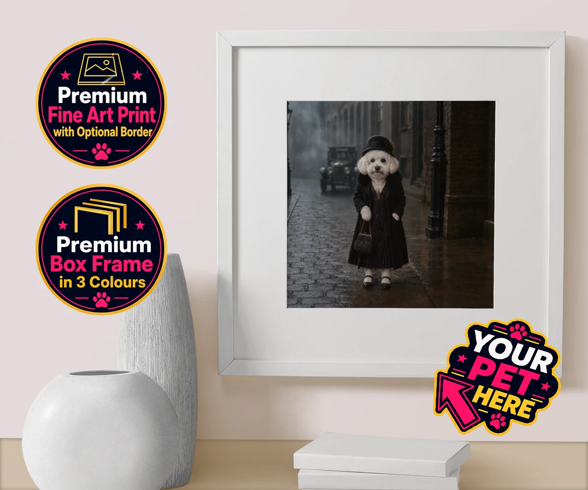 Personalised The 1920s Paw Lady dog box framed print featuring step back in time with The 1920s Paw Lady, a delightful vintage portra
