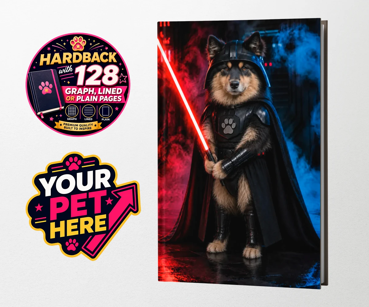 Personalised Paw Vader dog hardback notebooks featuring the canine superstar from a galaxy not so far away!