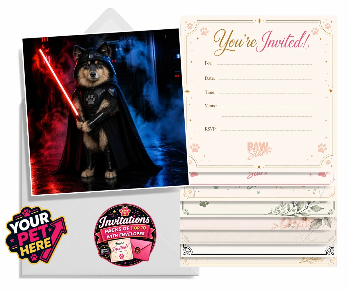 Personalised Paw Vader dog invitations featuring the canine superstar from a galaxy not so far away!