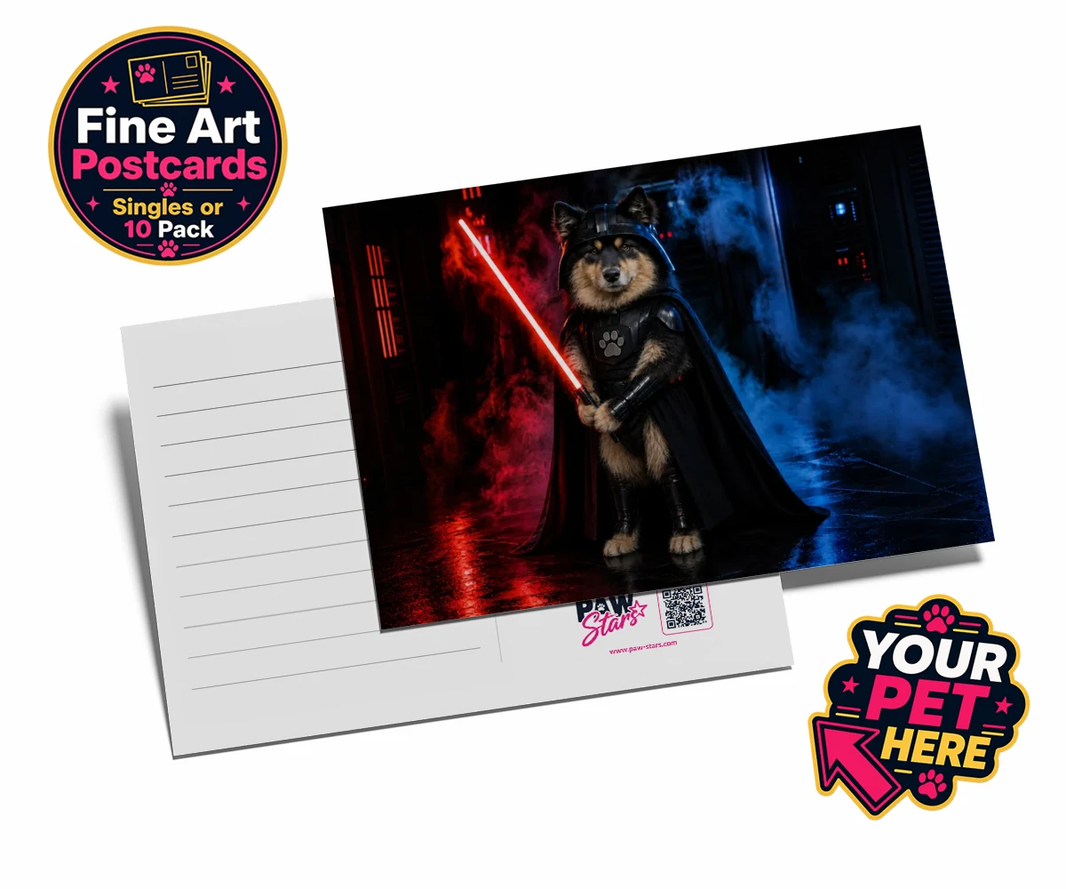 Personalised Paw Vader dog postcards featuring the canine superstar from a galaxy not so far away!