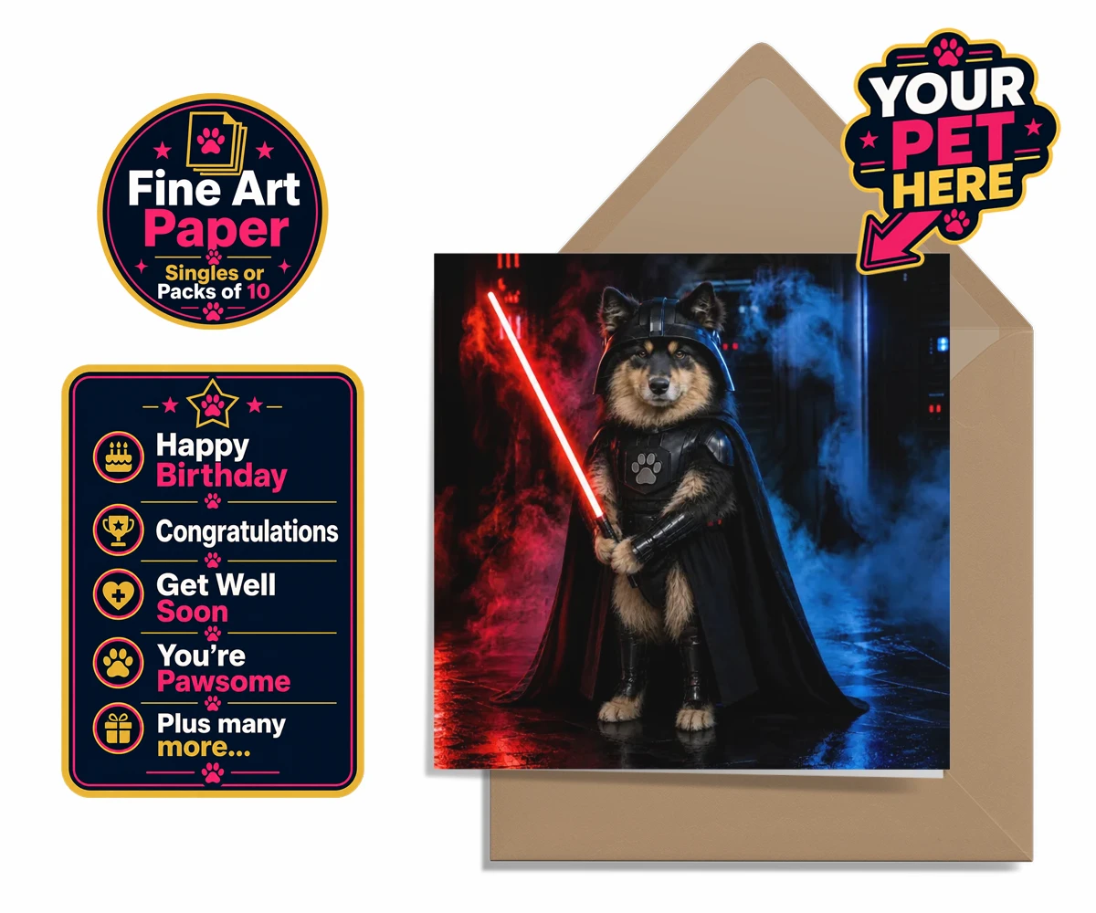 Personalised Paw Vader dog premium greetings cards featuring the canine superstar from a galaxy not so far away!