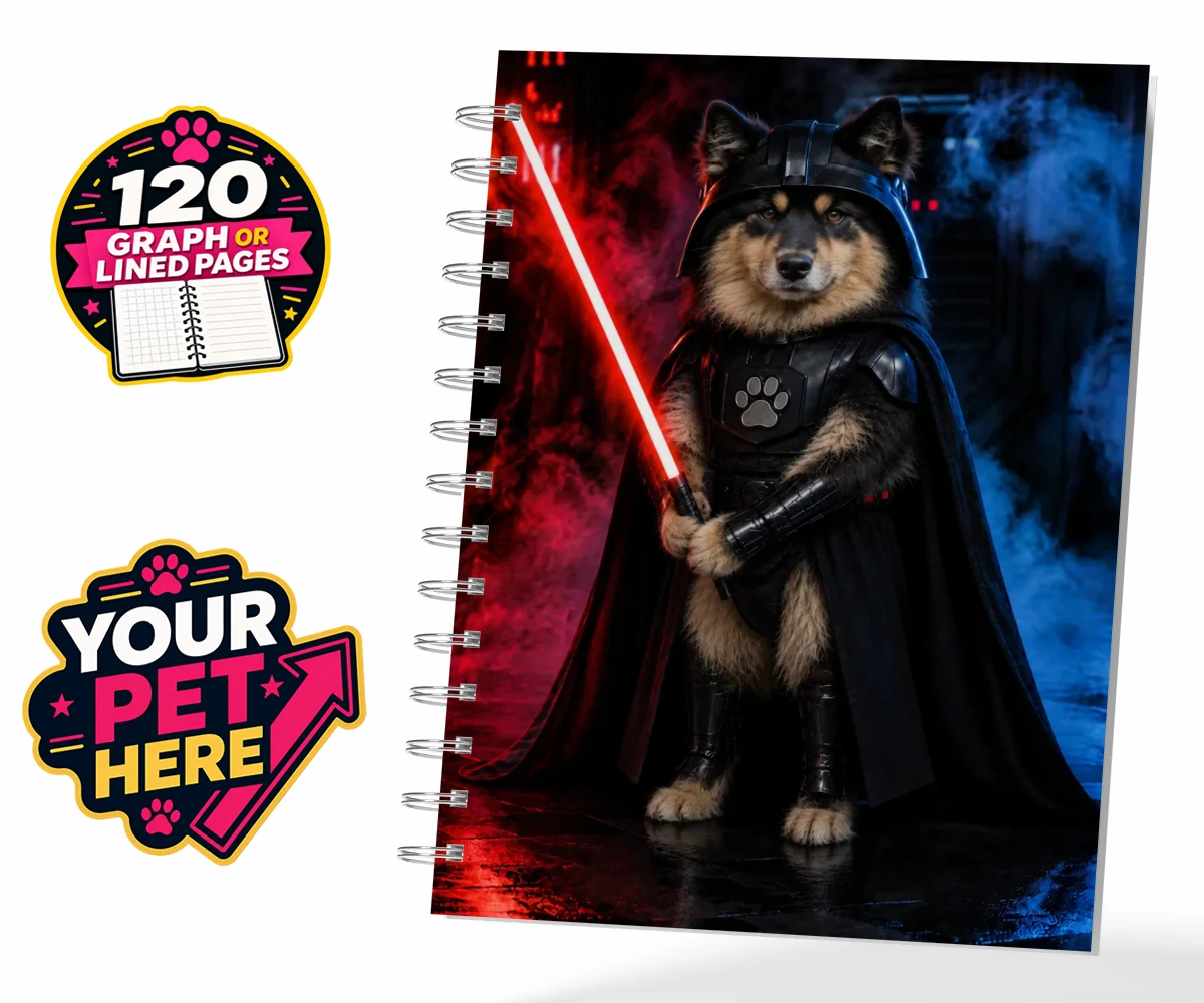 Personalised Paw Vader dog spiral notebook featuring the canine superstar from a galaxy not so far away!
