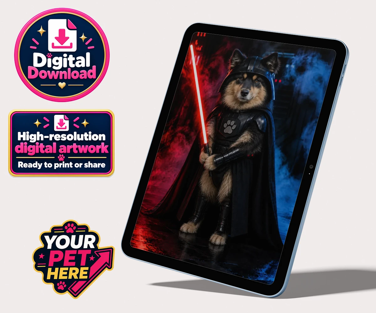 Personalised digital portrait of Paw Vader, a dog in a majestic cape holding a red lightsaber.