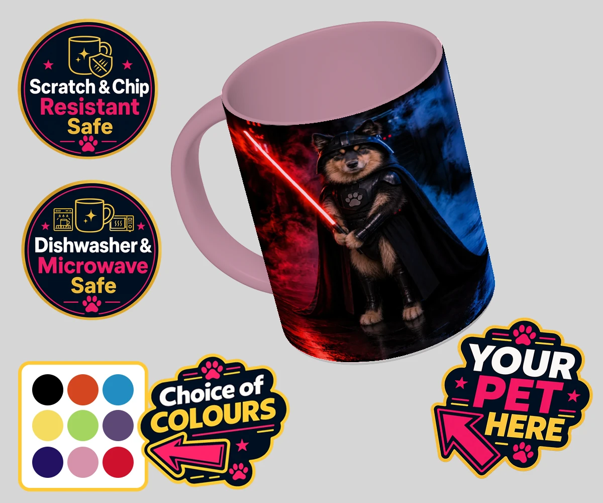 Personalised Paw Vader dog coloured photo mugs featuring the canine superstar from a galaxy not so far away!
