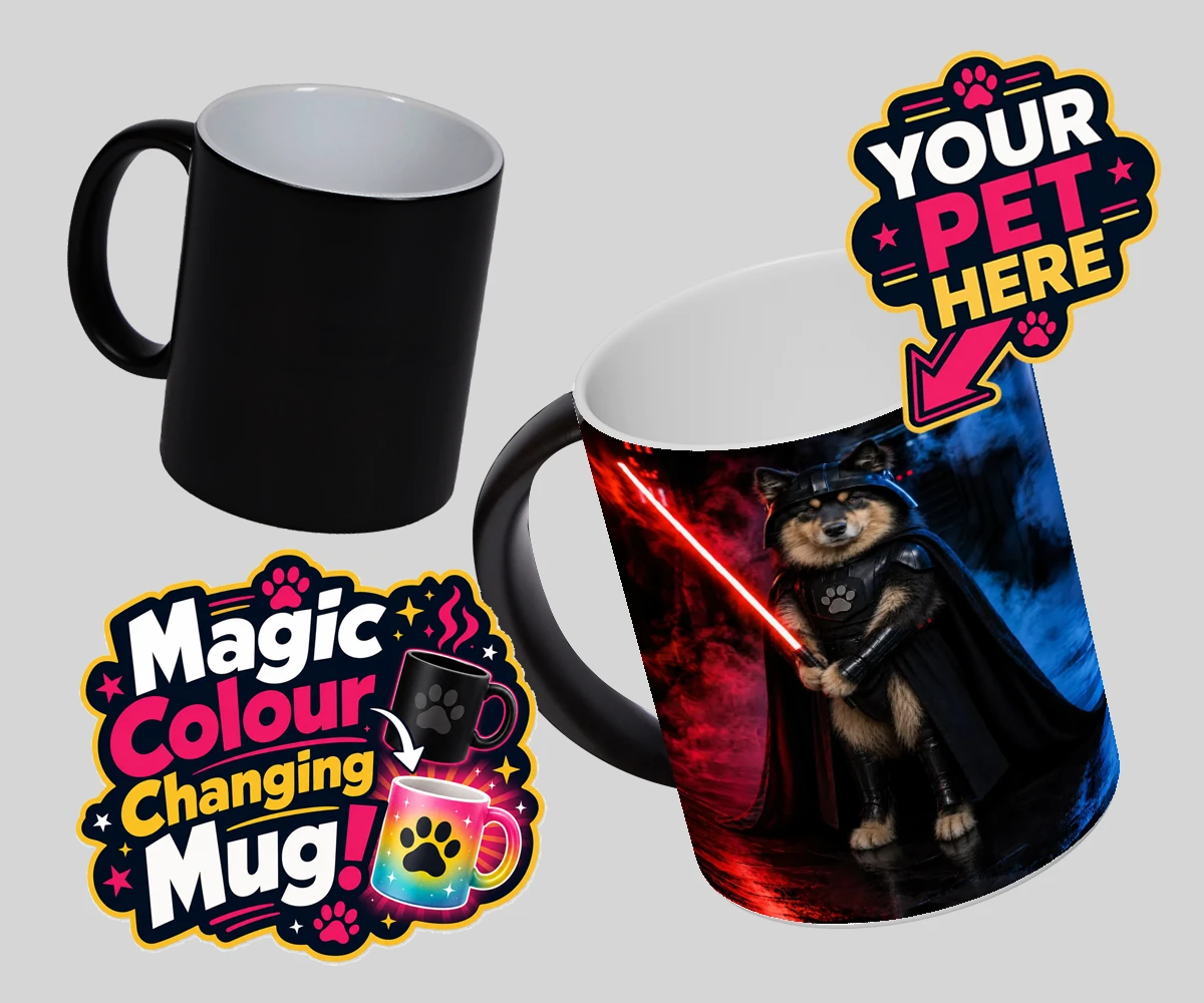 Personalised Paw Vader dog magic photo mugs featuring the canine superstar from a galaxy not so far away!