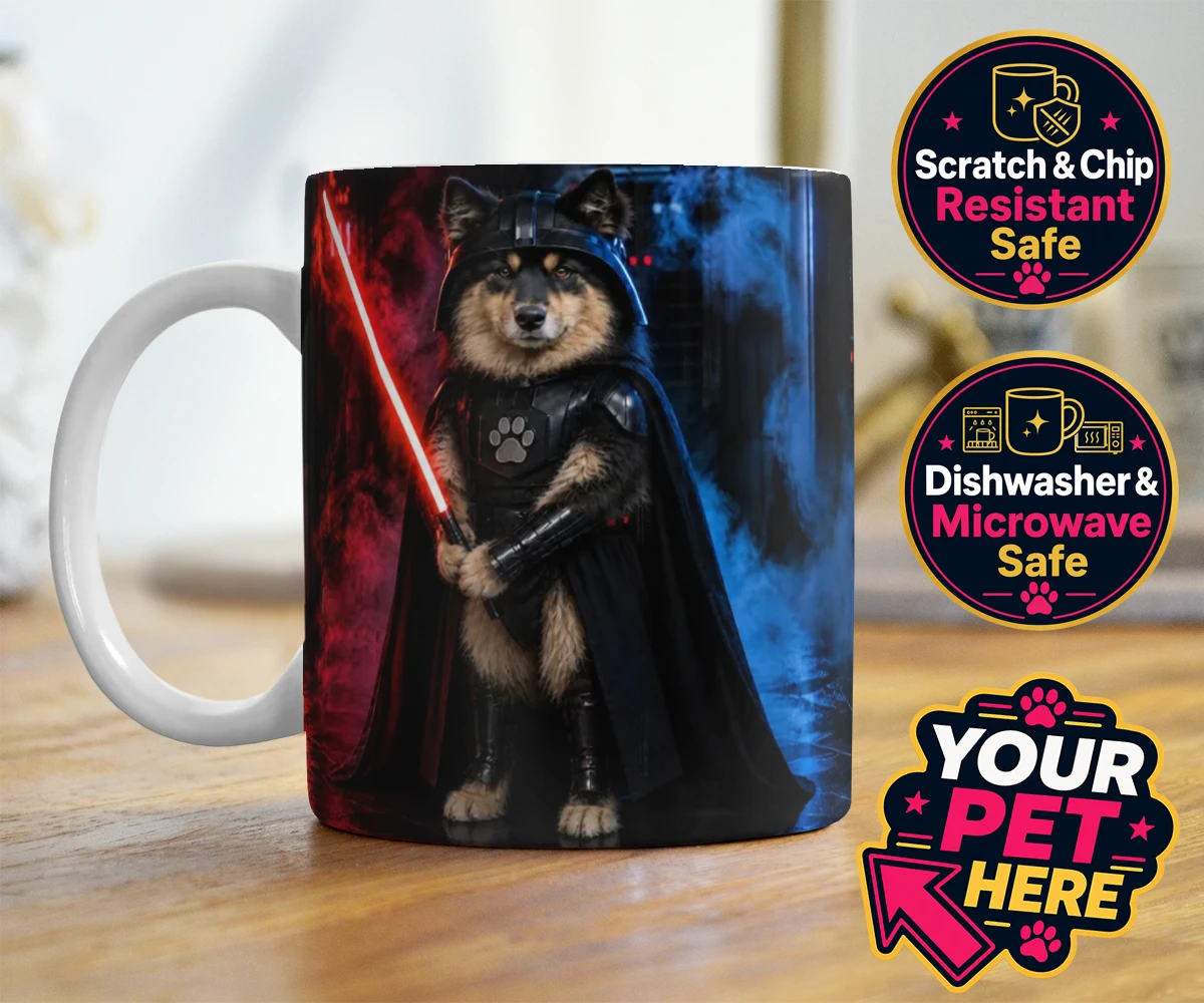 Personalised Paw Vader dog photo mugs featuring the canine superstar from a galaxy not so far away!