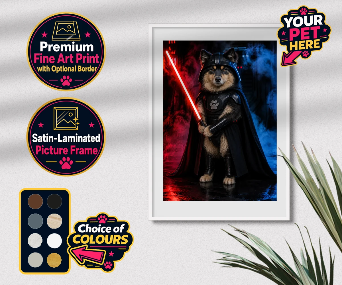 Personalised Paw Vader dog premium framed print featuring the canine superstar from a galaxy not so far away!