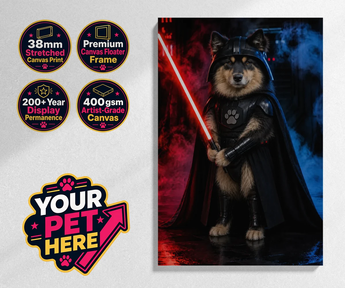 Personalised Paw Vader dog stretched canvas print featuring the canine superstar from a galaxy not so far away!