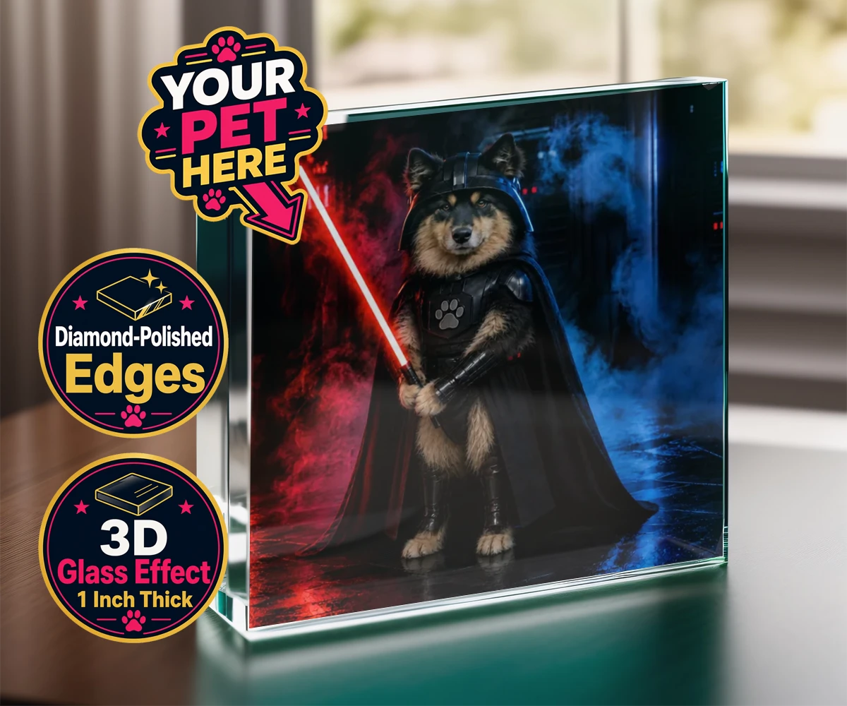 Personalised Paw Vader dog acrylic prisms featuring the canine superstar from a galaxy not so far away!