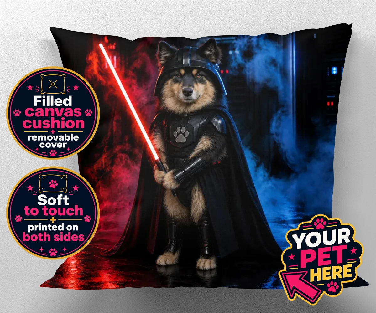 Personalised Paw Vader dog canvas cushions featuring the canine superstar from a galaxy not so far away!