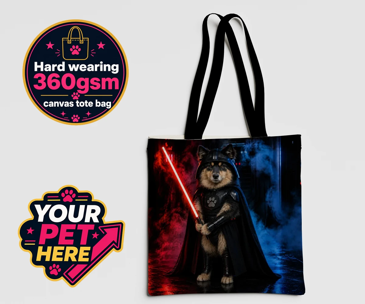 Personalised Paw Vader dog canvas tote bags featuring the canine superstar from a galaxy not so far away!
