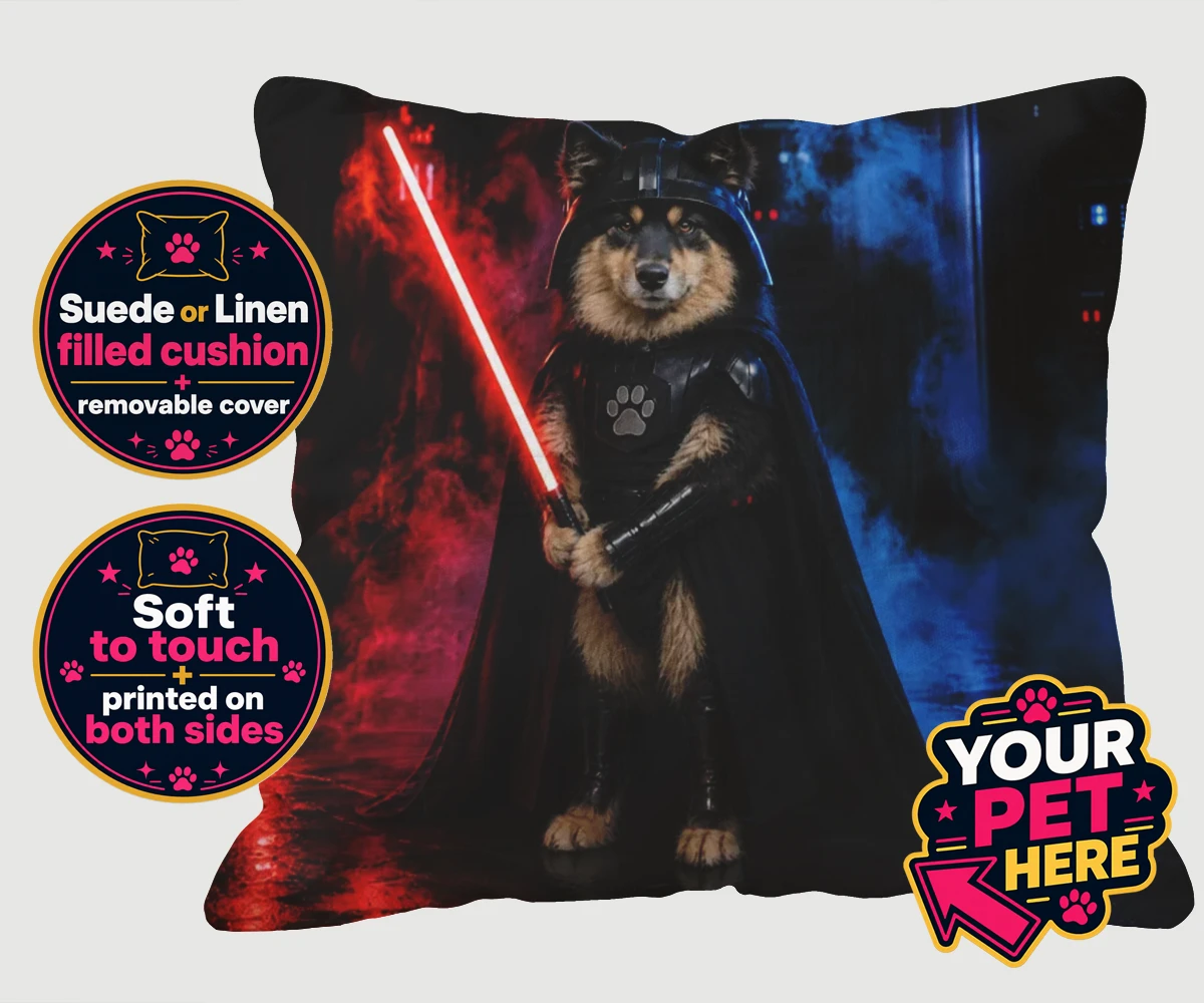 Personalised Paw Vader dog cushions featuring the canine superstar from a galaxy not so far away!