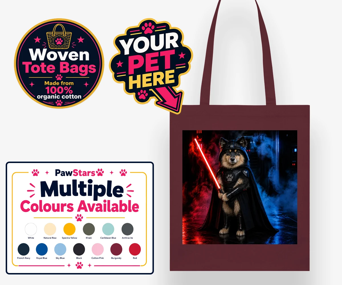 Personalised Paw Vader dog woven tote bags featuring the canine superstar from a galaxy not so far away!