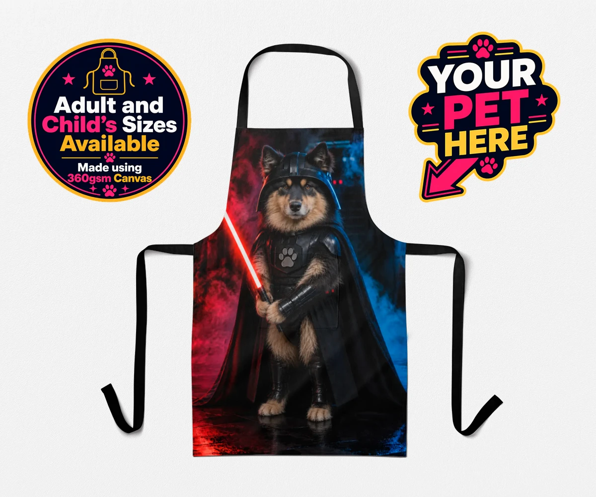 Personalised Paw Vader dog aprons featuring the canine superstar from a galaxy not so far away!