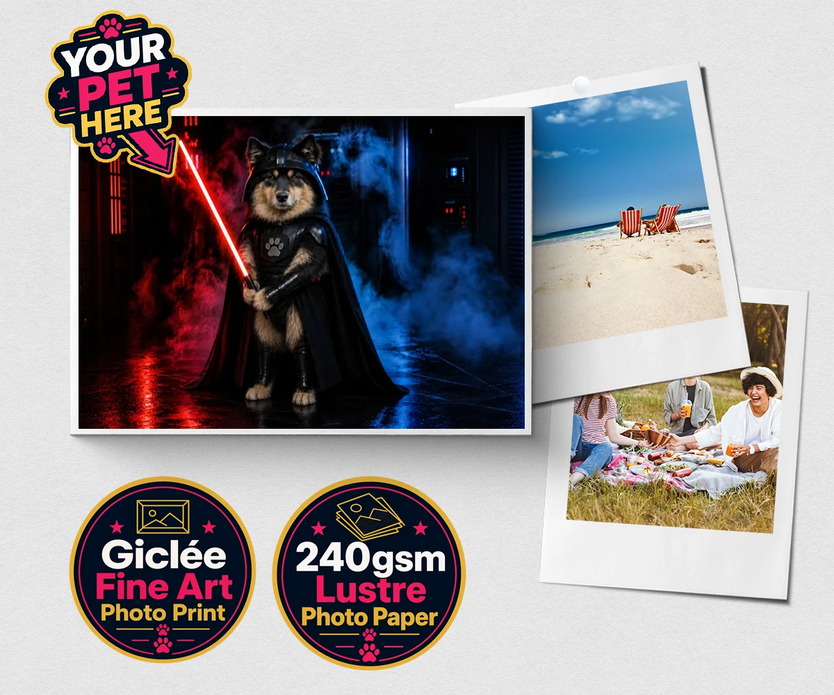Personalised Paw Vader dog premium photo print featuring the canine superstar from a galaxy not so far away!