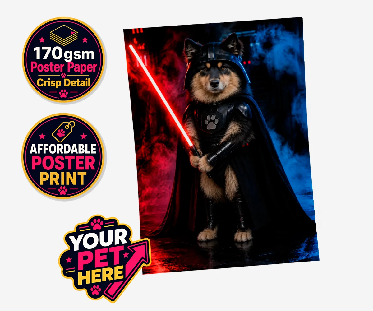 Personalised Paw Vader dog standard poster print featuring the canine superstar from a galaxy not so far away!