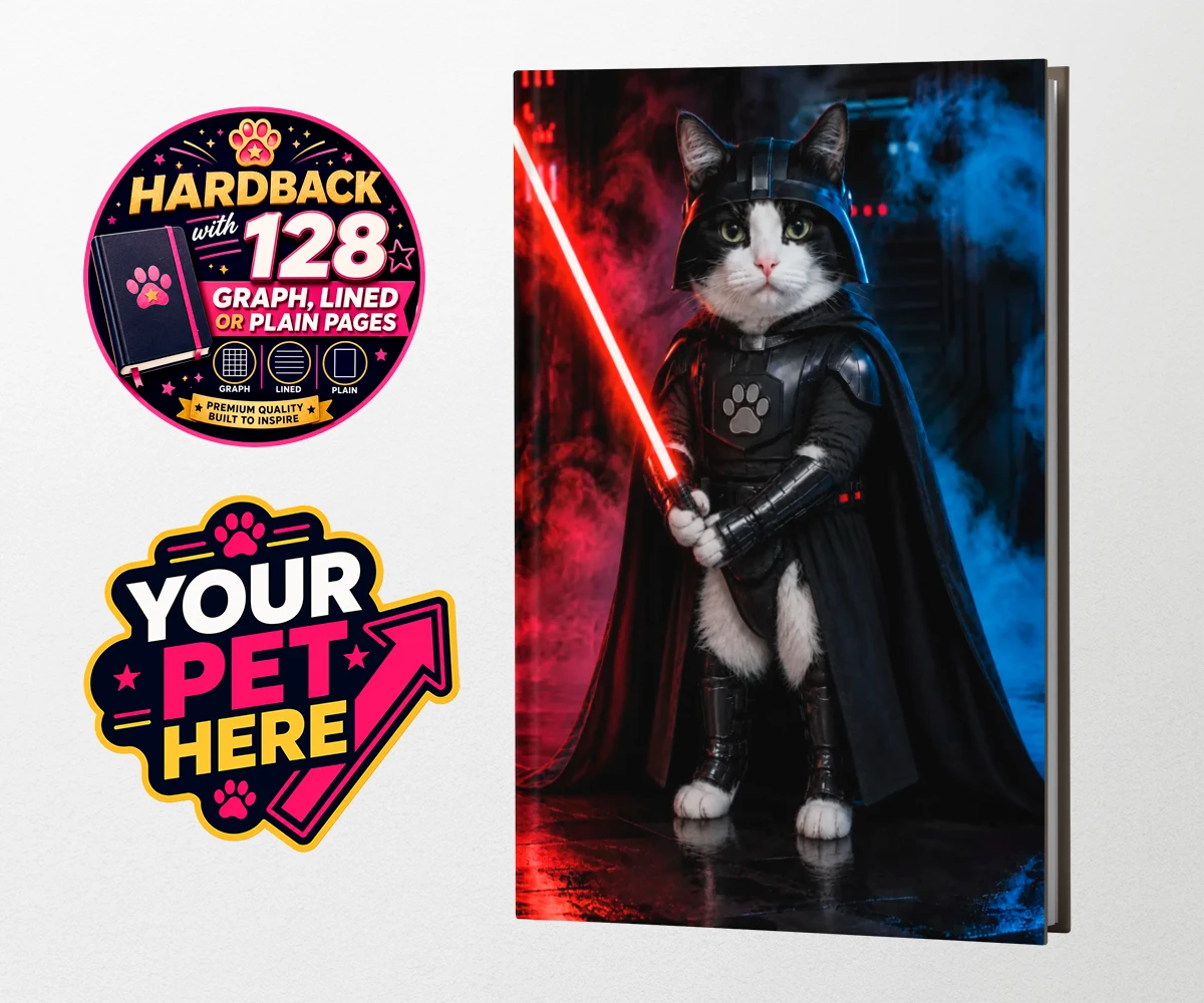 Personalised Paw Vader cat hardback notebooks featuring the feline force to be reckoned with!