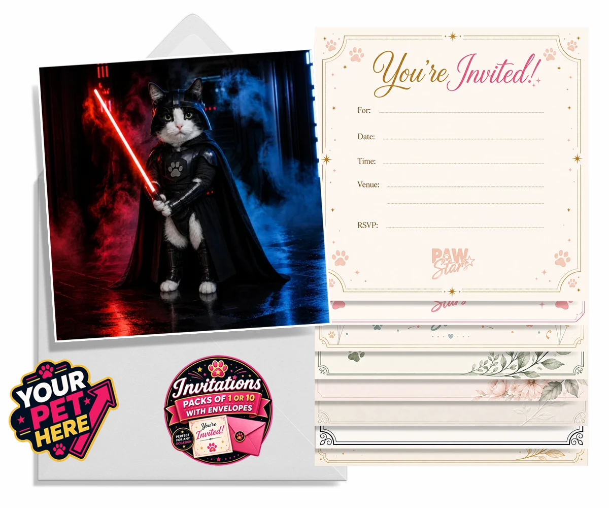 Personalised Paw Vader cat invitations featuring the feline force to be reckoned with!