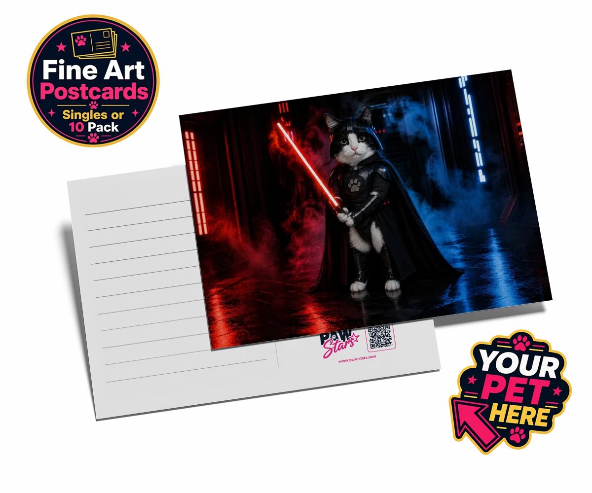 Personalised Paw Vader cat postcards featuring the feline force to be reckoned with!