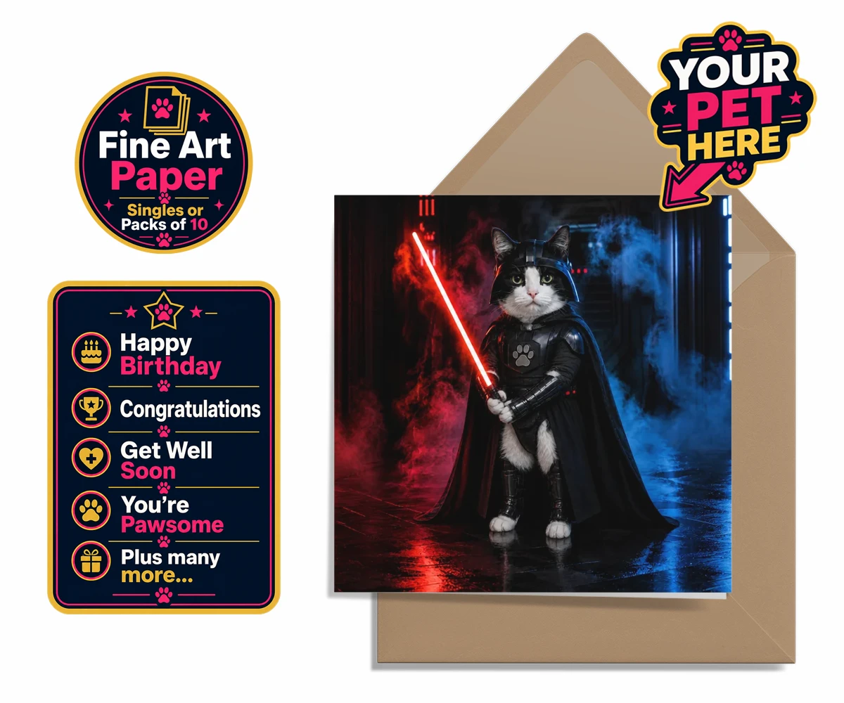 Personalised Paw Vader cat premium greetings cards featuring the feline force to be reckoned with!