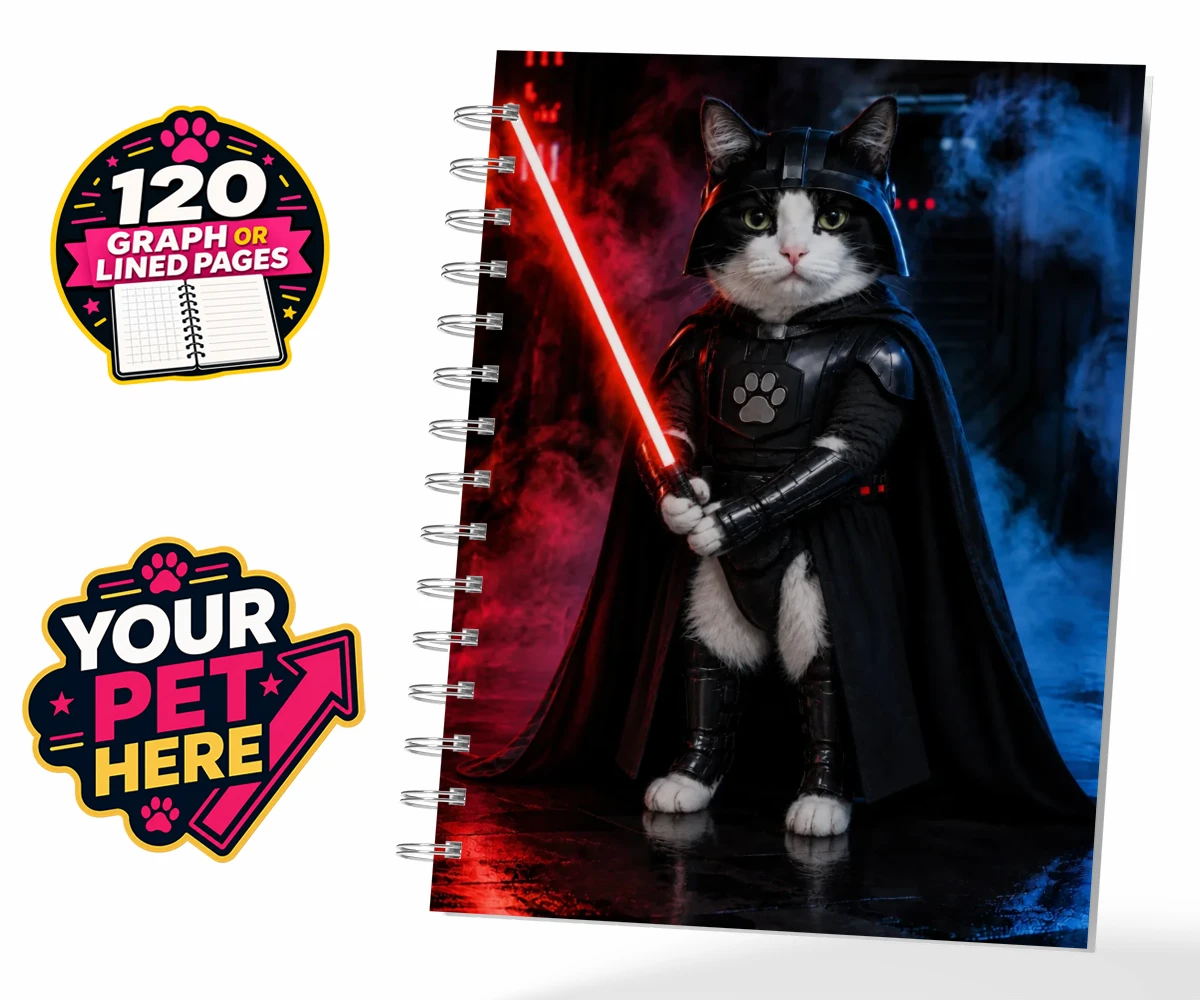 Personalised Paw Vader cat spiral notebook featuring the feline force to be reckoned with!