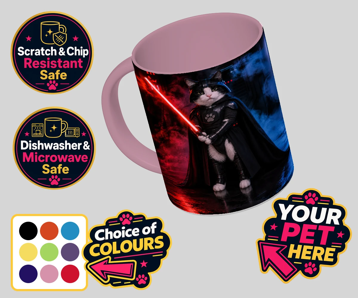 Personalised Paw Vader cat coloured photo mugs featuring the feline force to be reckoned with!