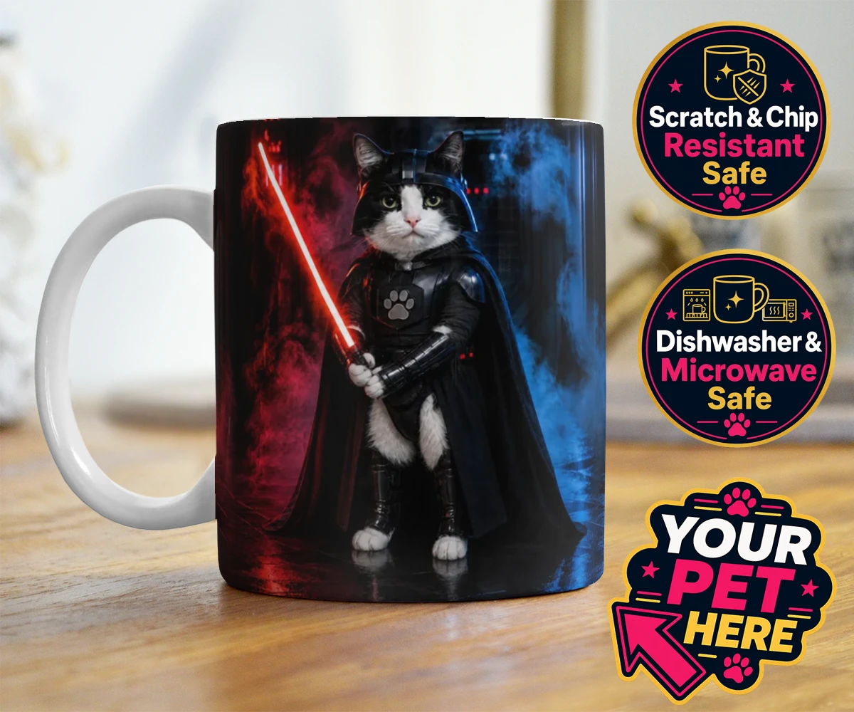 Personalised Paw Vader cat photo mugs featuring the feline force to be reckoned with!