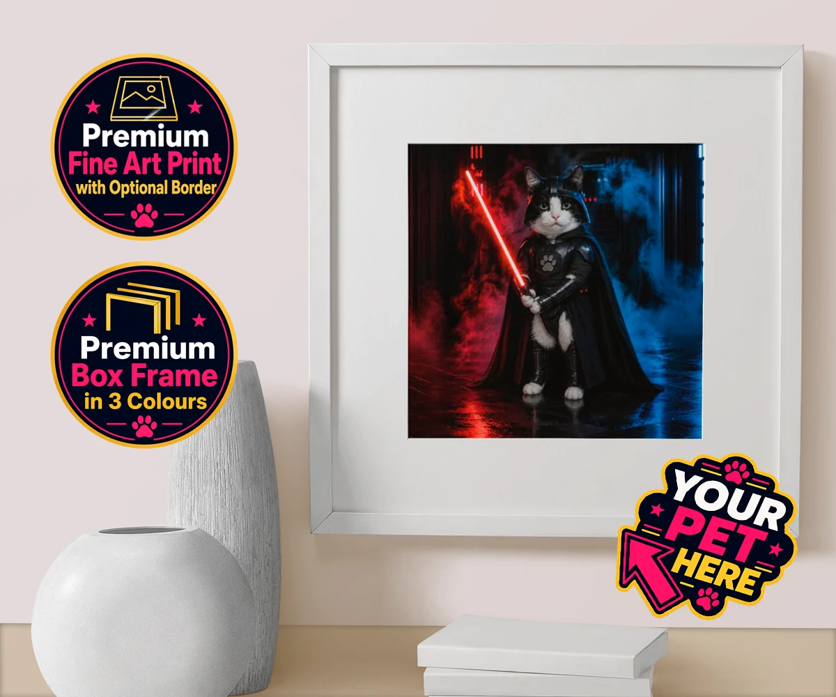 Personalised Paw Vader cat box framed print featuring the feline force to be reckoned with!