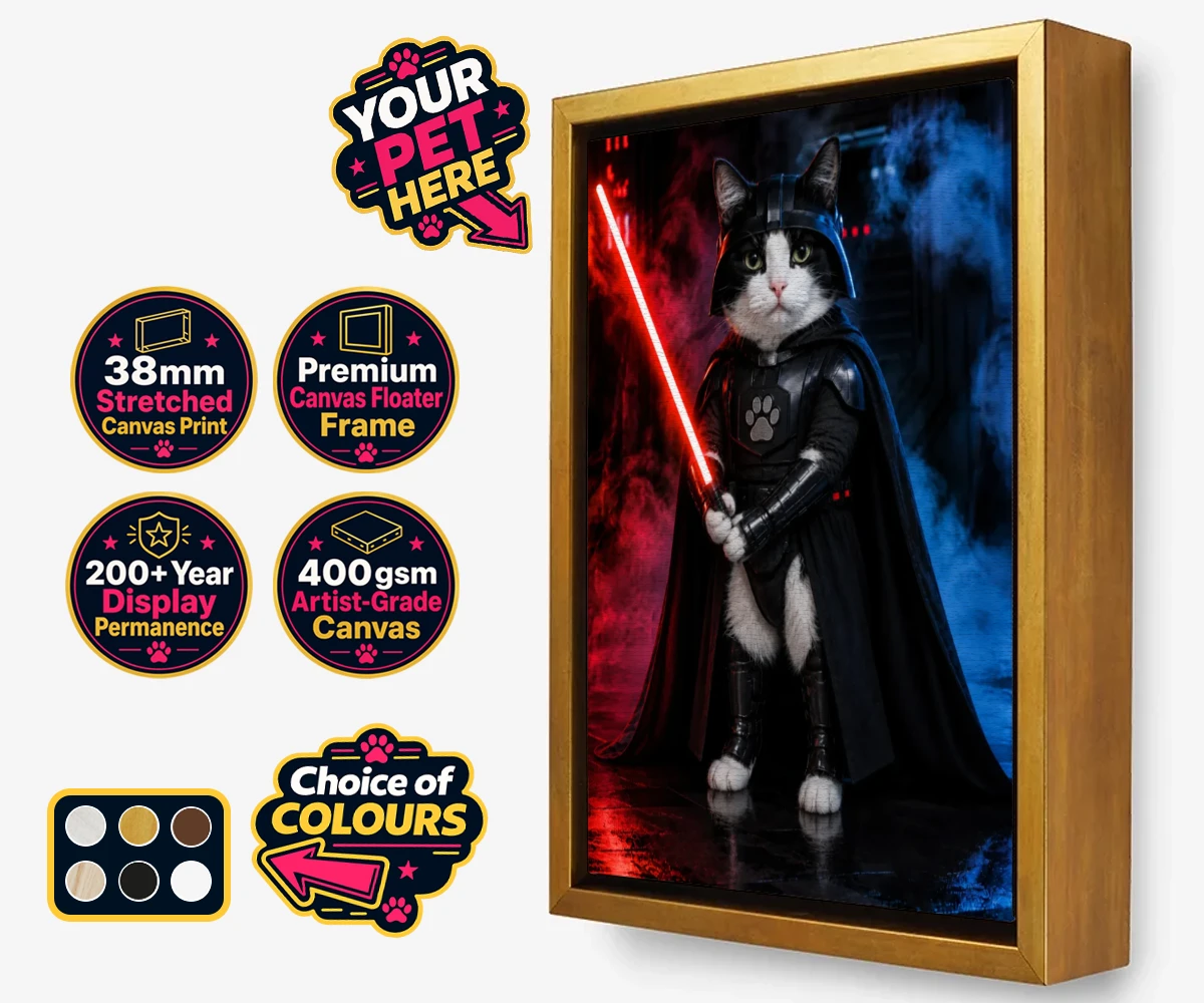 Personalised Paw Vader cat framed canvas print featuring the feline force to be reckoned with!