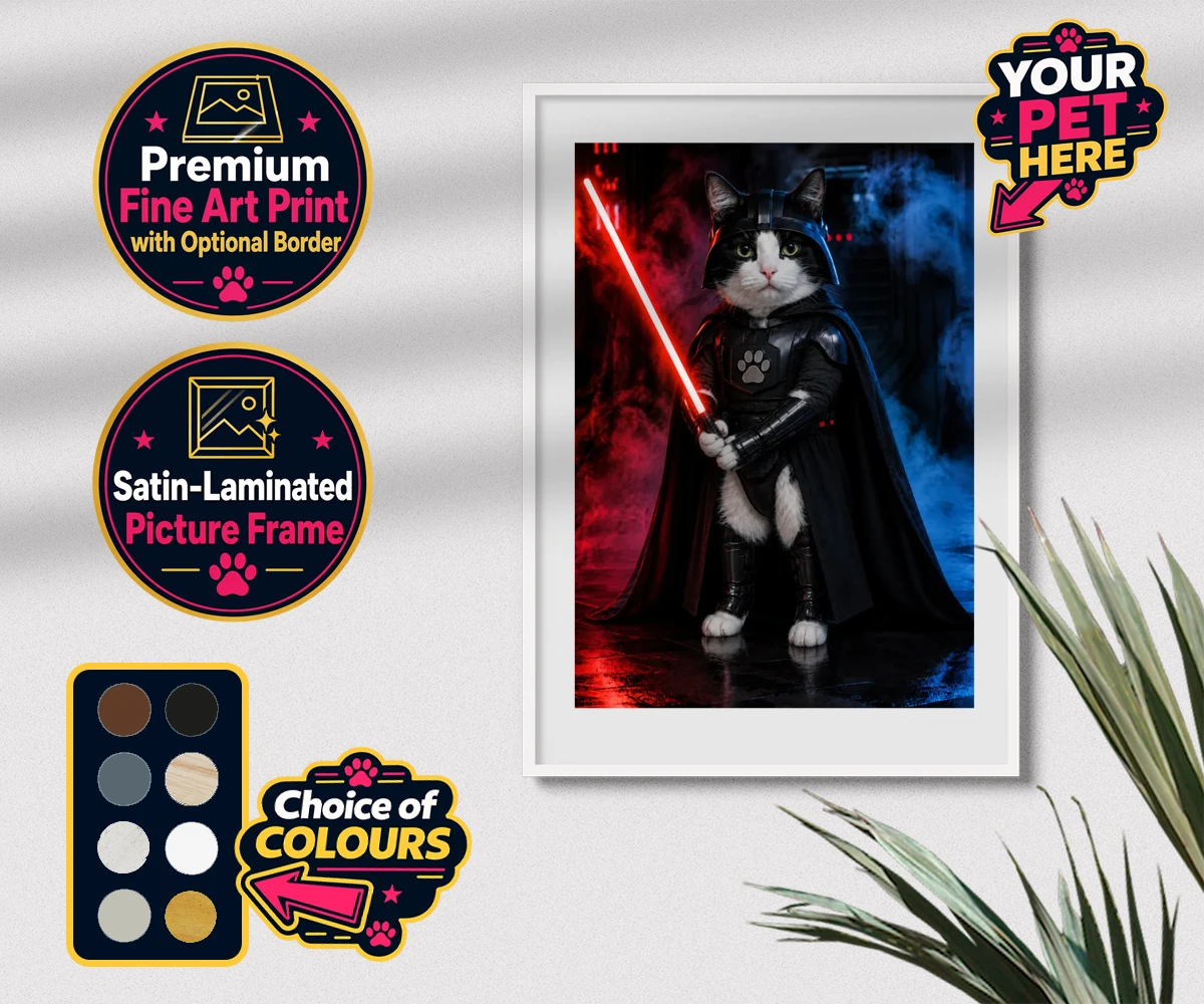 Personalised Paw Vader cat premium framed print featuring the feline force to be reckoned with!