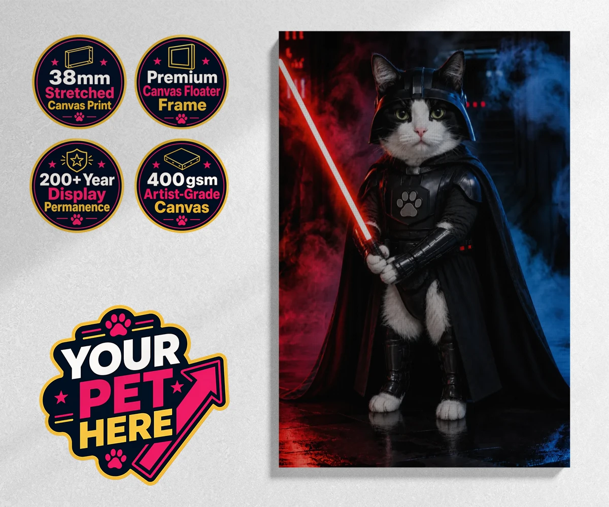 Personalised Paw Vader cat stretched canvas print featuring the feline force to be reckoned with!