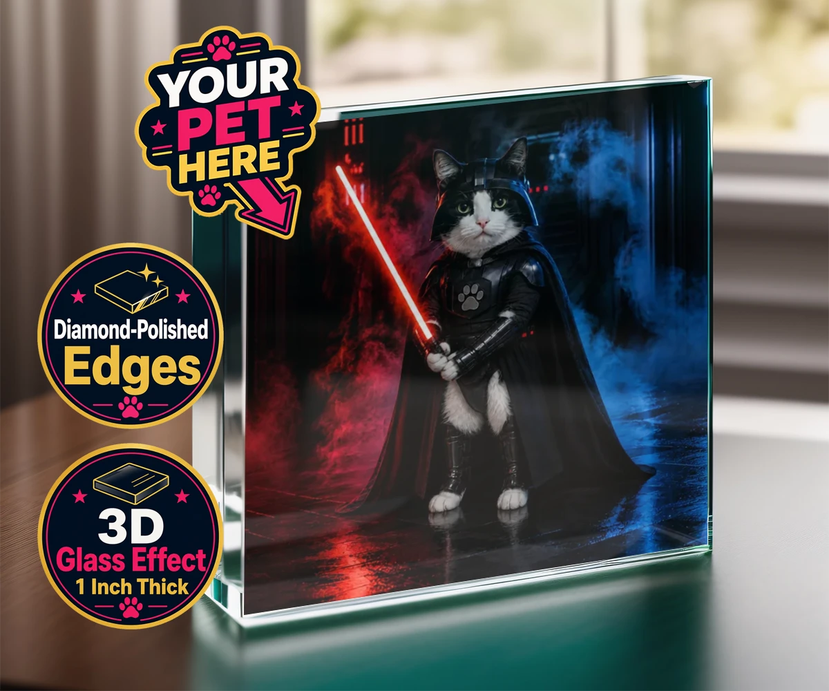 Personalised Paw Vader cat acrylic prisms featuring the feline force to be reckoned with!