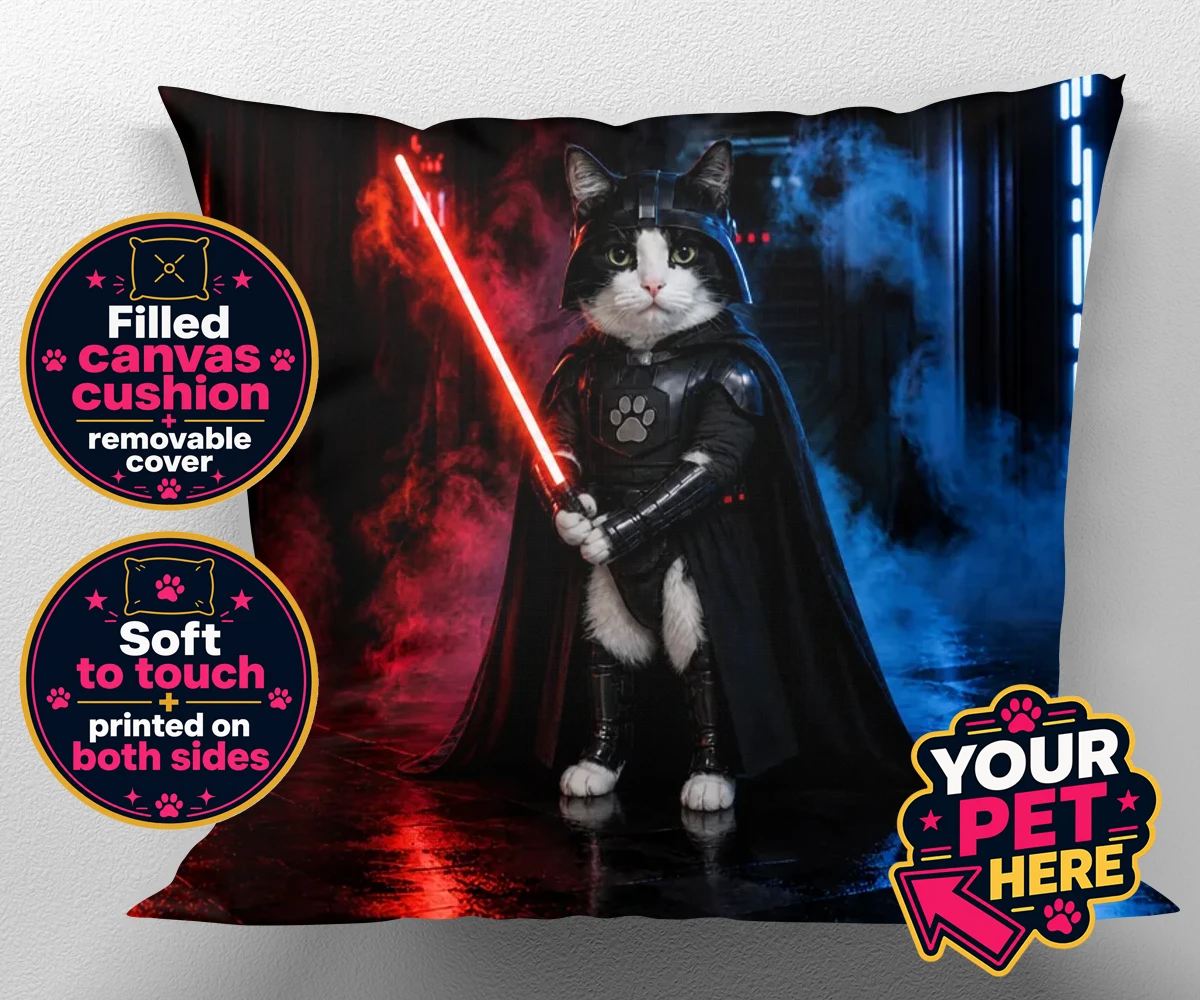 Personalised Paw Vader cat canvas cushions featuring the feline force to be reckoned with!