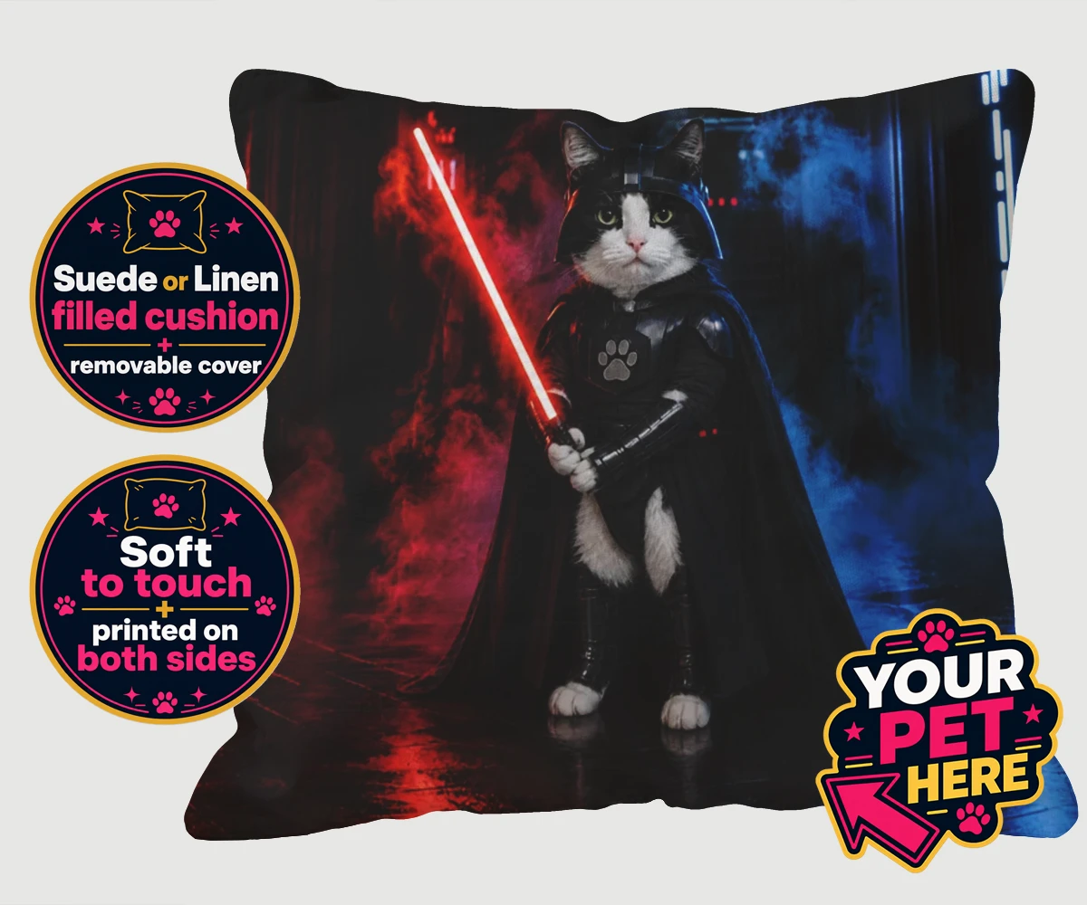 Personalised Paw Vader cat cushions featuring the feline force to be reckoned with!