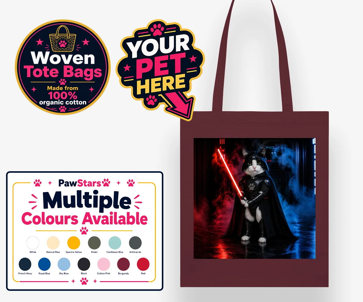 Personalised Paw Vader cat woven tote bags featuring the feline force to be reckoned with!