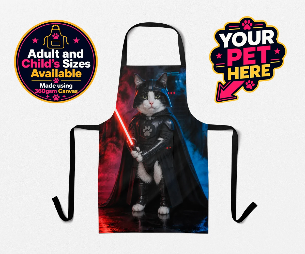 Personalised Paw Vader cat aprons featuring the feline force to be reckoned with!