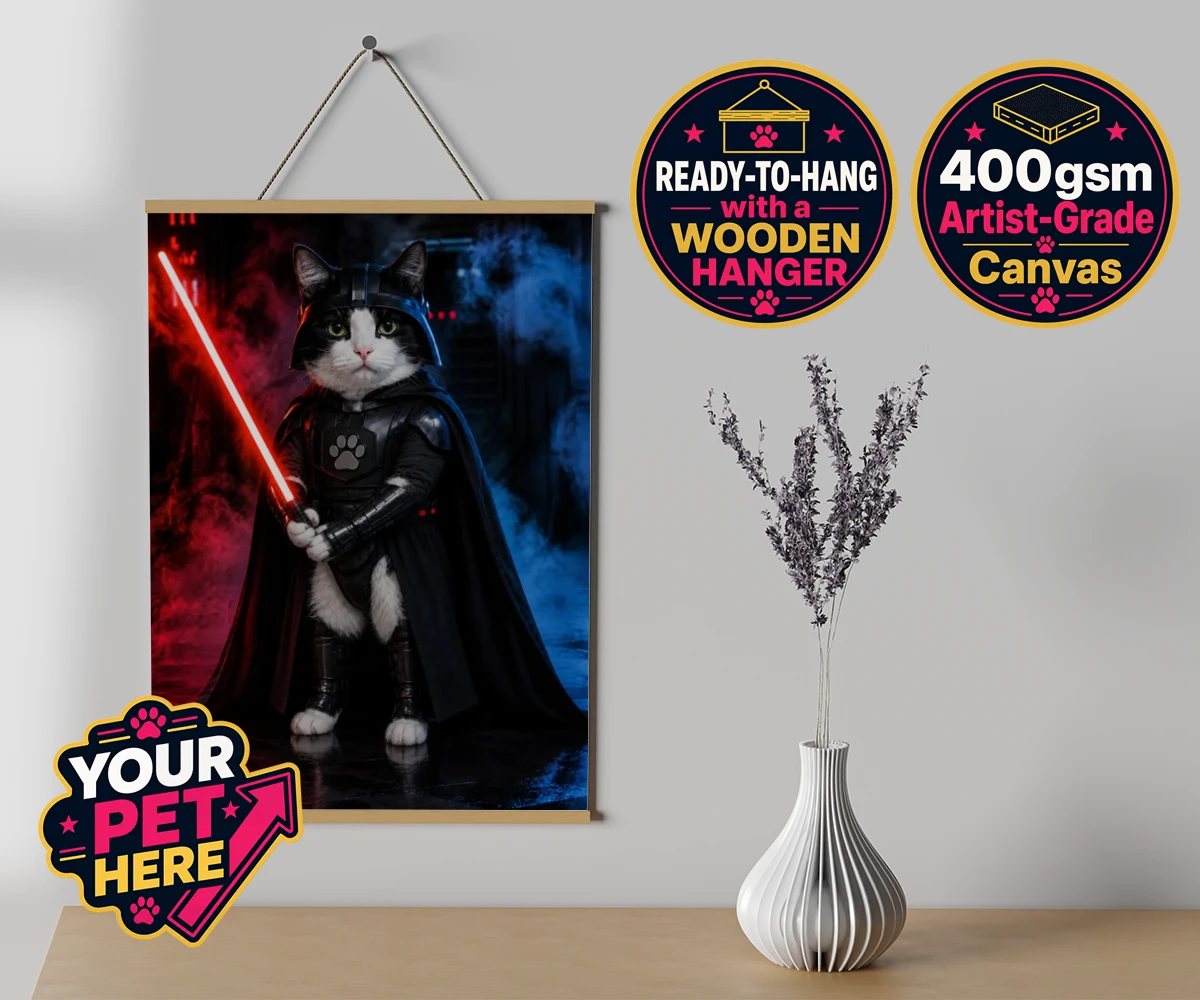 Personalised Paw Vader cat canvas poster prints with hanger featuring the feline force to be reckoned with!