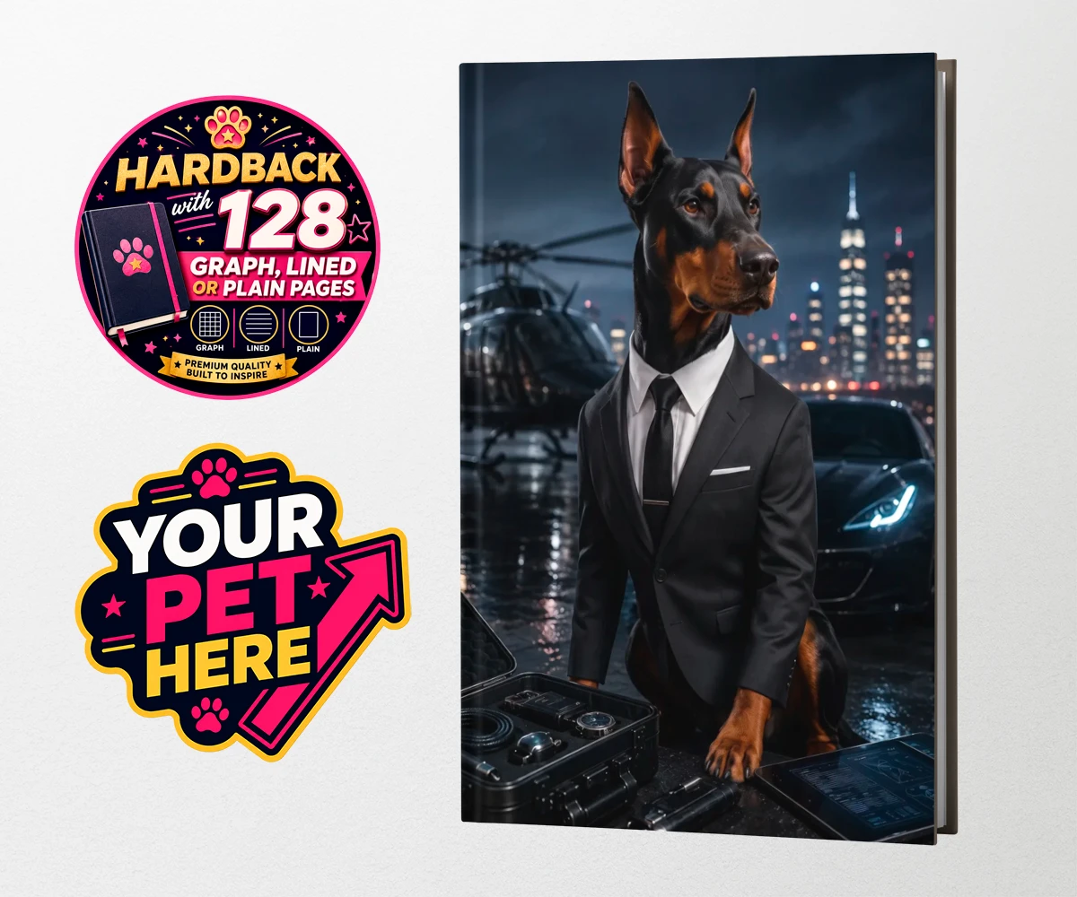 Personalised hardback notebook featuring Agent P.A.W., a dog in a tuxedo with a Hollywood cityscape background.