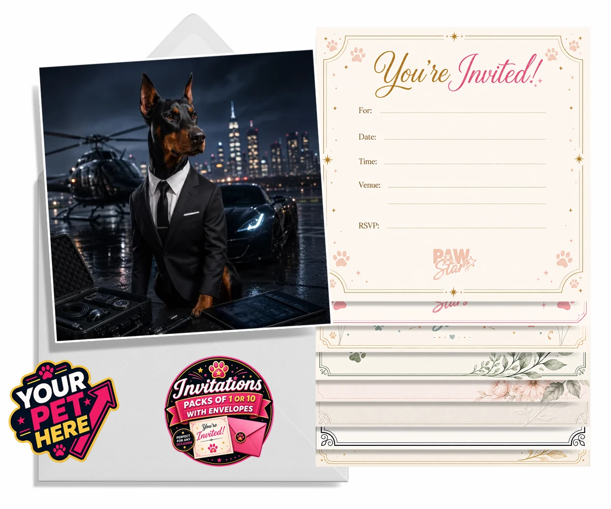 Personalised invitations featuring Agent P.A.W., a dog in a tuxedo against a glamorous Hollywood cityscape