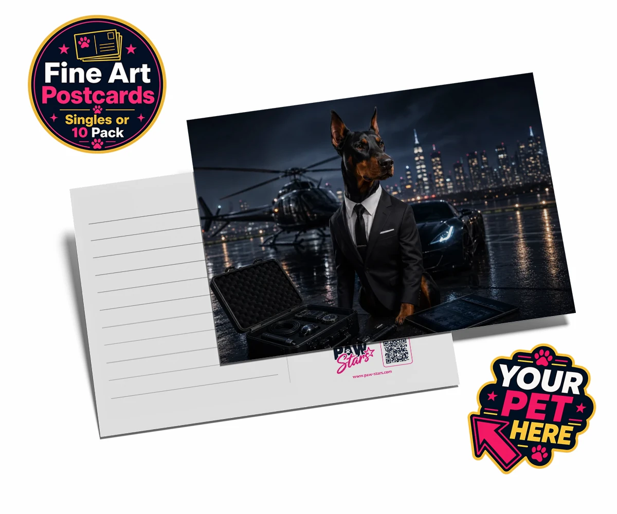 Personalised postcard featuring Agent P.A.W., a dog in a tuxedo against a Hollywood cityscape